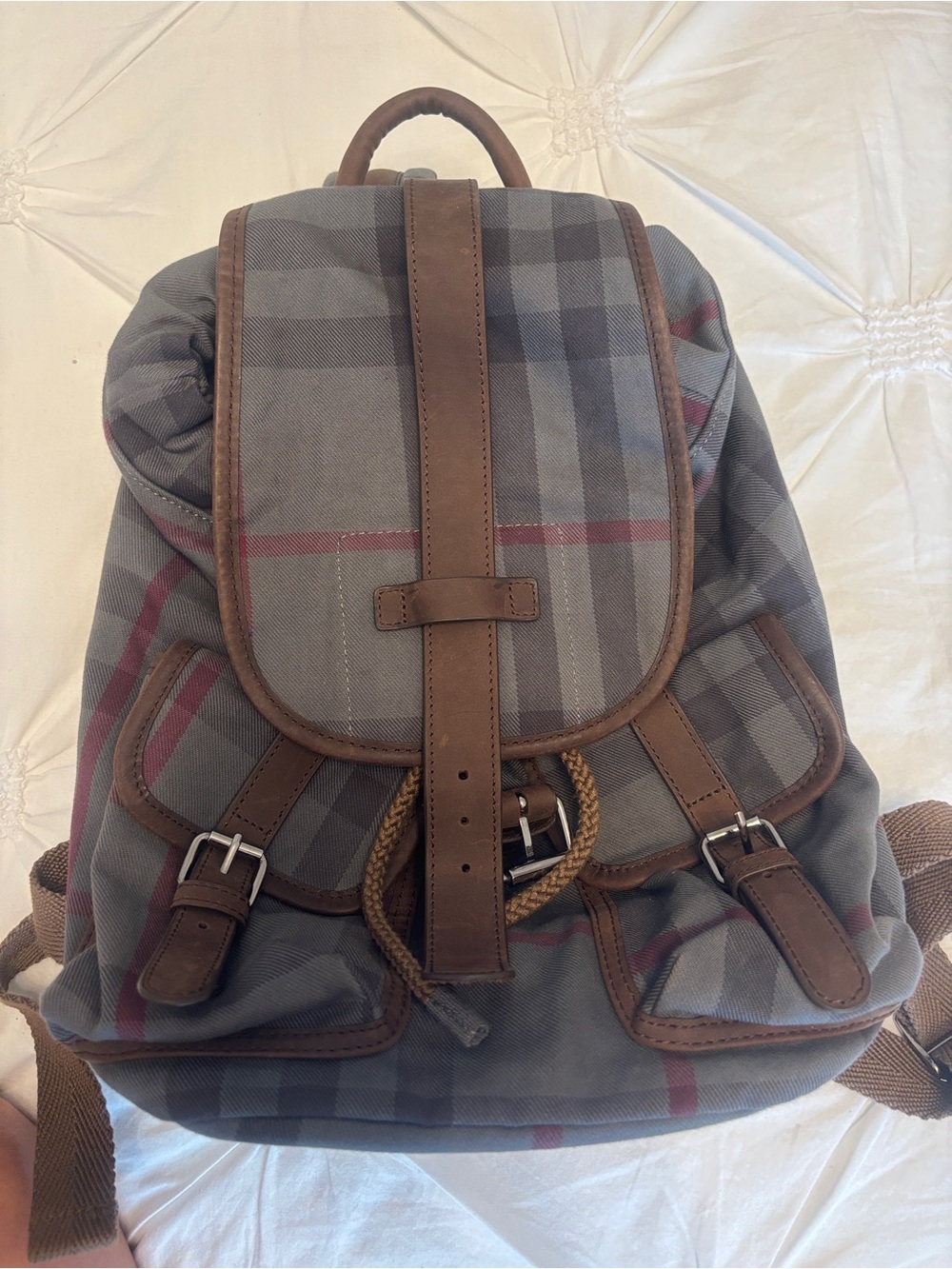 Burberry children’s Gray Plaid Backpack with Brown Leather Trim